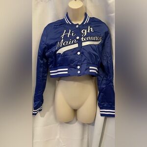 NWOT Cropped Bomber Jacket with Embroidery “High Maintenance” - Blue - Medium